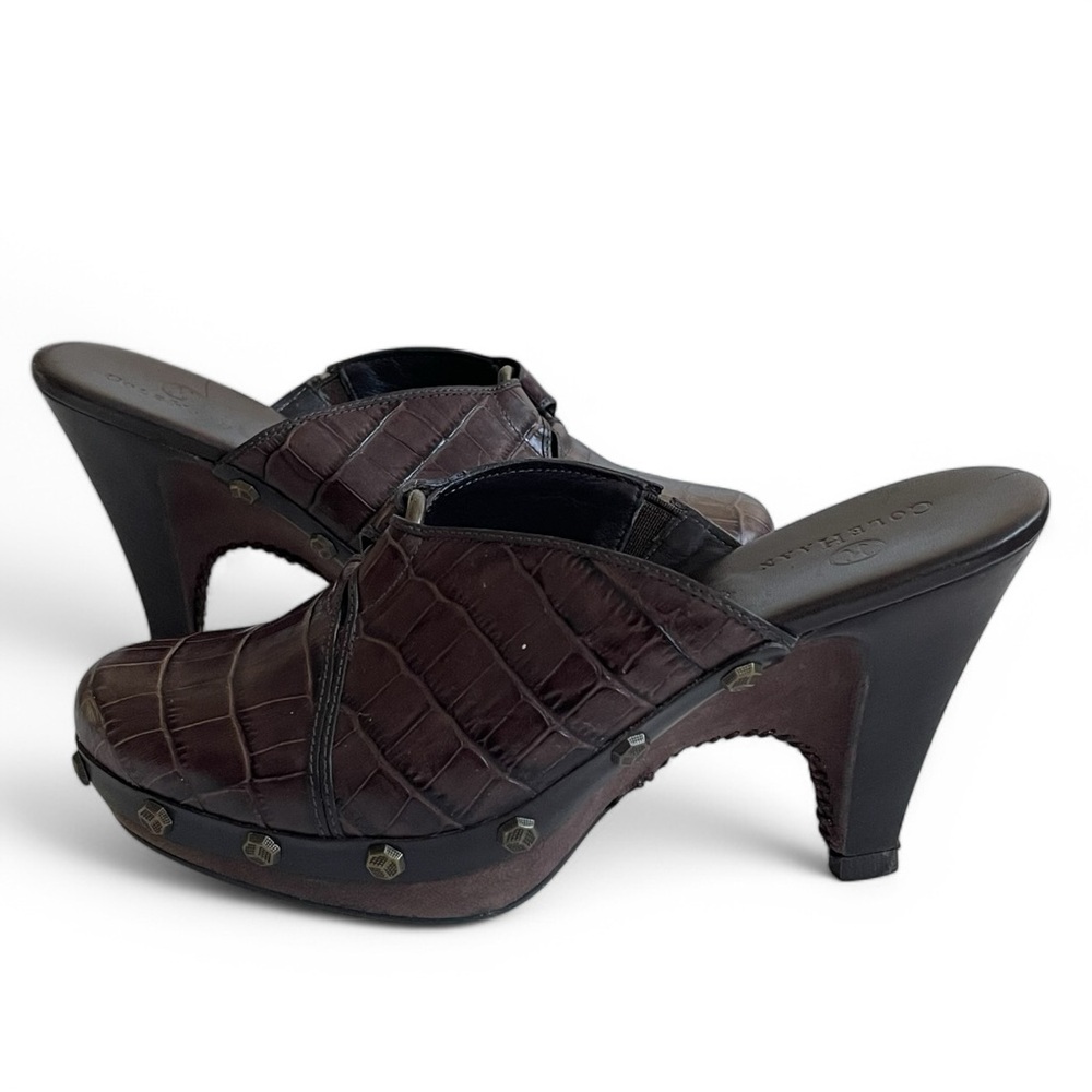 Cole Haan Women's Kenna Brown Croc Leather Platform Heeled Mules Studded Sz: 6 - Picture 8 of 9